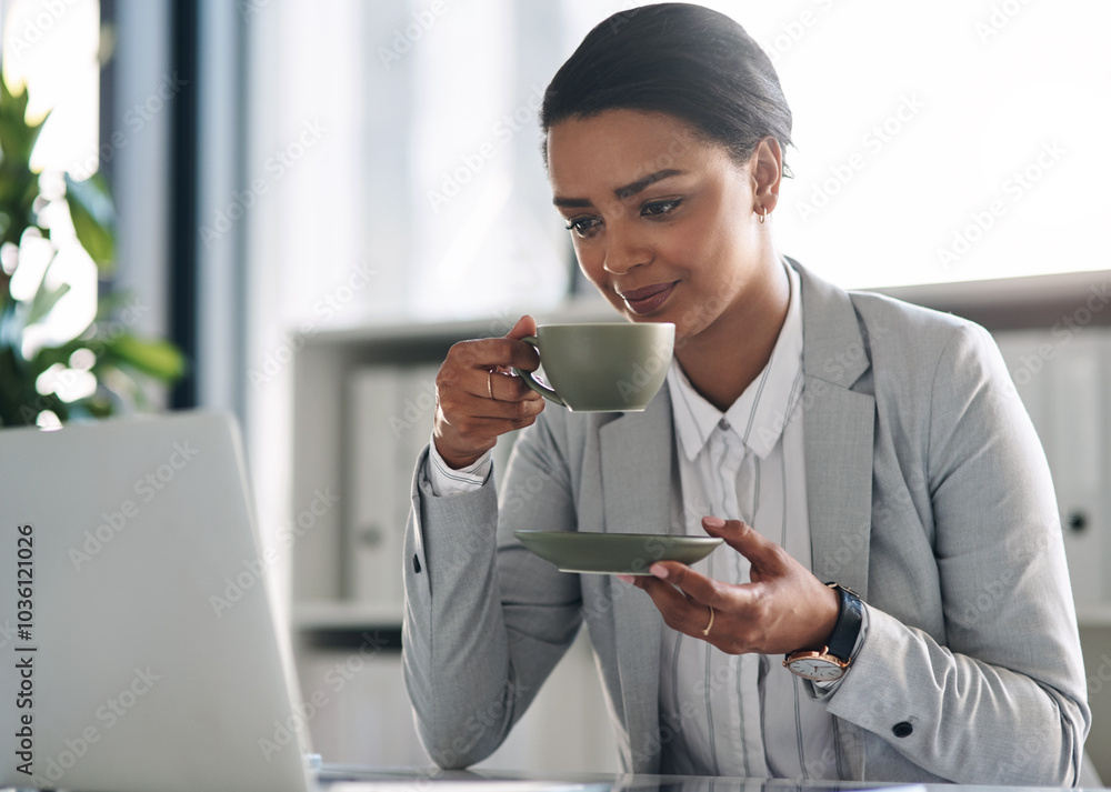 Poster Office, businesswoman and coffee with laptop for reading, research and online for case email. Career, female person or happy lawyer with digital for corporate project, feedback or results in law firm