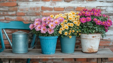 Obraz premium Colorful flowers in vibrant pots arranged on a rustic wooden table in a sunny outdoor setting