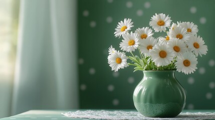 A vibrant green vase filled with fresh daisies on a rustic wooden table by the window