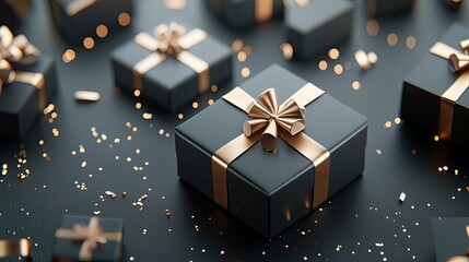 Golden gift boxes float among shimmering confetti against a dark backdrop, enhancing the celebration mood during special events and gatherings