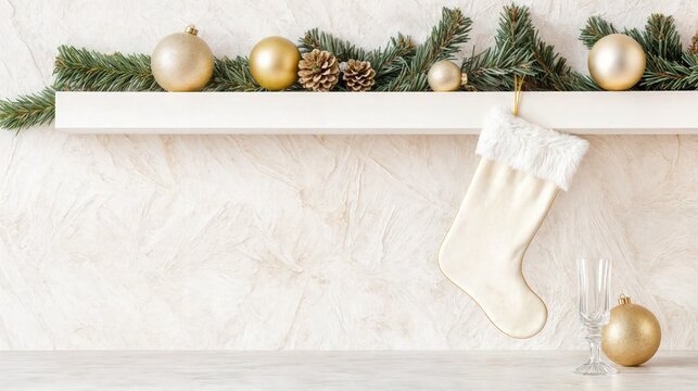 White christmas stocking with gold ornaments and pinecones on shelf, minimalistic holiday decor
