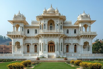 Obraz premium A white marble palace with intricate details and a lush green lawn.