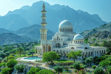 Obraz premium A white mosque with a tall minaret stands against a backdrop of mountains.