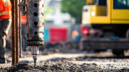 A detailed view of construction engineers conducting soil compaction tests using specialized equipment at a highway construction site, Soil compaction testing scene, Engineering inspection style