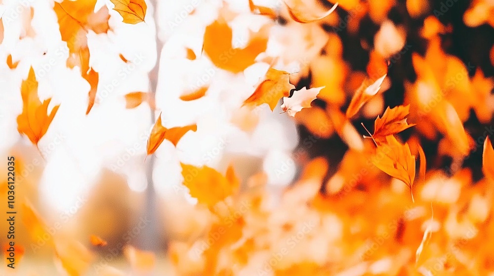 Poster an image of orange leaves blowing in the wind, with sunlight filtering through them against a backdr