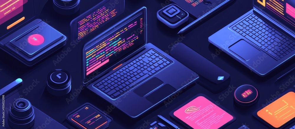 Poster an isometric illustration of a laptop computer with code on the screen, surrounded by other digital 