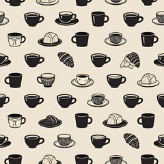 Coffee-themed pattern background featuring cups and pastries on a light beige surface