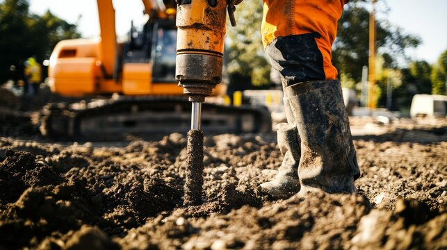 A detailed view of construction engineers conducting soil compaction tests using specialized equipment at a highway construction site, Soil compaction testing scene, Engineering inspection style