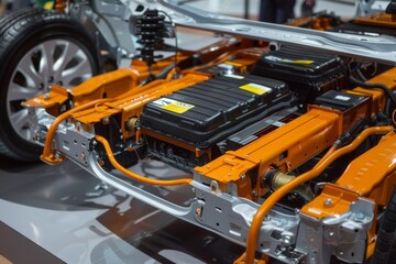 A detailed car frame showing a battery setup with orange cables is visible. Concept revolves around electric vehicle technology. For educational purposes on renewable energy solutions.