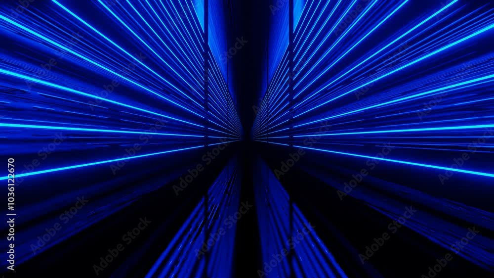 Poster glow blue lines. 4k seamless looped animation. fly through mirror tunnel with neon pattern, glow lin