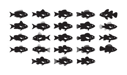 A collection of stylized fish in vector format, rendered in monochrome black and white with varying designs.