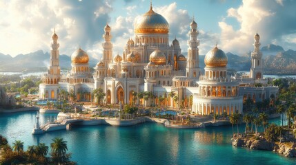 A Golden Palace on an Island Surrounded by Blue Water