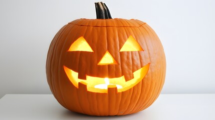 carved pumpkin with a classic jack-o’-lantern face, lit from within on a white surface