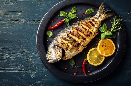 Naklejki Grilled fish served on a black plate with garnishes of lemon, mint, and chili peppers
