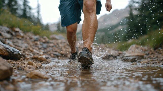 Abenteuerlustiger Wanderer &uuml;berquert einen seichten Bach in der Wildnis, um die Natur zu erkunden