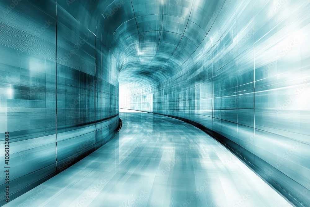 Poster futuristic tunnel with a glowing light at the end, showcasing sleek lines and smooth curves in a mod