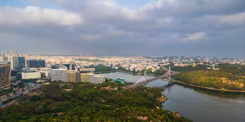 Aerial view of Durgam Cheruvu bridge in Hyderabad city, India.