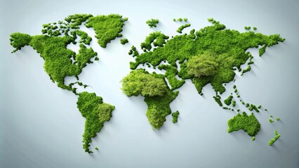 Green world map covered in lush vegetation symbolizing environmental conservation and sustainability