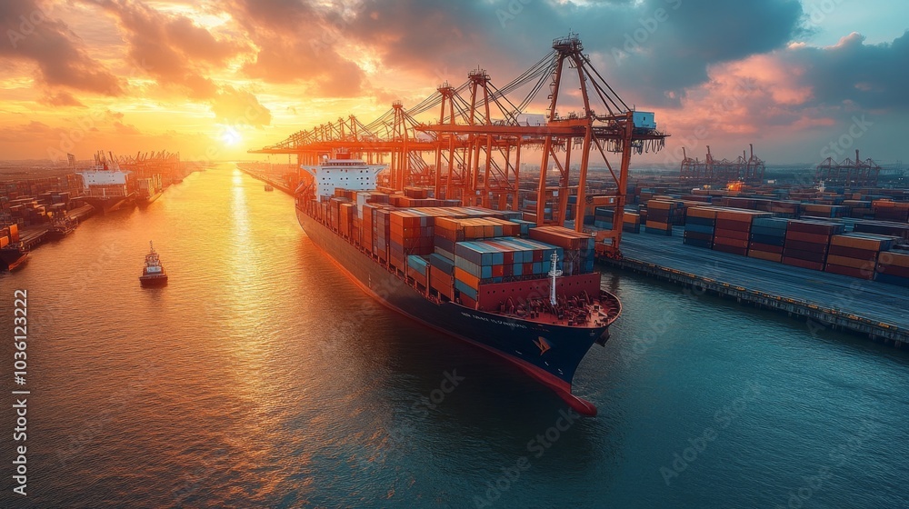 Poster a large container ship makes its way through a busy port during sunset, with cranes and cargo contai