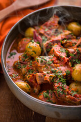Sizzling Stew with Succulent Beef and Fresh Vegetables in Rustic Bowl