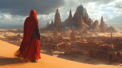 A lone figure in a red cloak stands on a sand dune, gazing at a city in the distance.