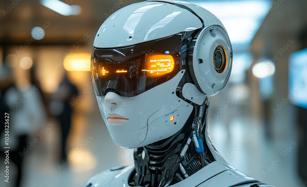Poster advanced robot with screen in hallway. a sophisticated humanoid robot stands in a bustling hallway, 