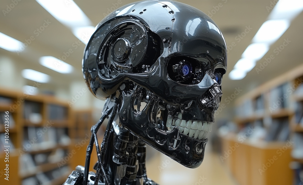 Aufkleber humanoid robot in a modern library. a sleek humanoid robot with a shiny black surface is displayed i