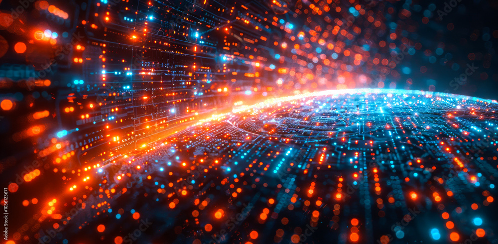 Poster vibrant particles in a digital landscape. a captivating digital environment features a burst of colo