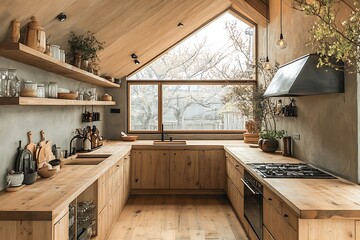 Modern kitchen interior with wooden furniture and big window