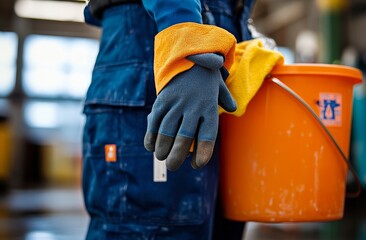 A worker in protective gear holds a bucket filled with cleaning supplies outdoors