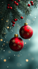 Fototapeta premium Red ornaments on green branches. Two red ornaments with snowflake designs hang from evergreen branches, adorned with berries, creating a festive atmosphere.