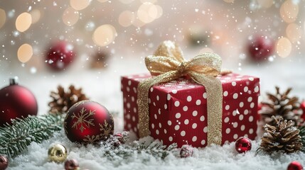 Festive Christmas gift box surrounded by ornaments and pinecones in soft snowfall ambiance