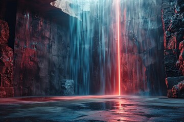 A futuristic landscape with a red neon light illuminating a waterfall.