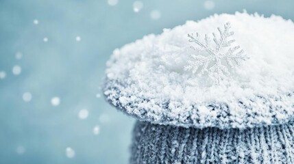 Close-up of delicate snowflakes on a snow-covered hat, warm winter fashion