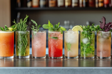 A colorful array of refreshing herb-based drinks served in vibrant glasses