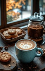 Enjoying a warm cup of coffee and cookies on a cozy wooden table in a cafe setting