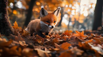 Fototapeta premium 3D Cute Baby Fox Cub Peeking from a Pastel Orange Bush