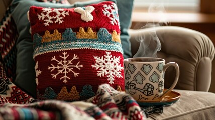 Cozy winter scene with knit pillow and steaming mug for seasonal decor and relaxation