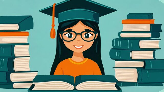 A Cheerful Student Celebrates Graduation While Surrounded by Stacks of Books in a Colorful Study Space