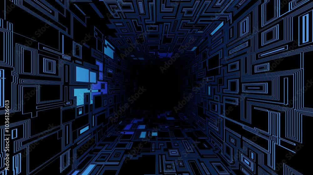 Aufkleber futuristic blue hologram. 4k seamless looped animation. fly through mirror tunnel with neon pattern,
