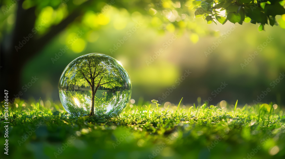 Wall mural crystal ball reflects tree in lush green landscape, symbolizing sustainability and renewable energy. serene setting highlights harmony between nature and technology