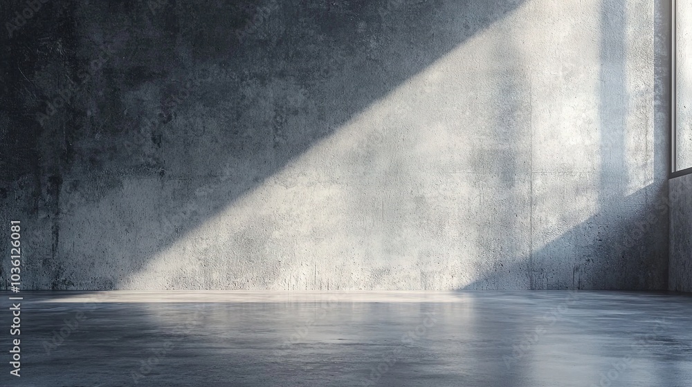 Poster an empty room featuring a concrete wall and a substantial window illuminated by a radiant ray of lig
