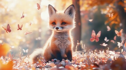 Fototapeta premium Adorable 3D Baby Fox Cub Surrounded by Colorful Pastel Butterflies in a Playful Garden