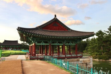 Traditional Pavilion at Donggung Palace and Wolji Pond in Gyeongju, South Korea at Sunset - Historical Site from the Silla Dynasty