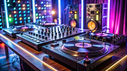 Professional dj turntables and mixing console standing ready for the party in a nightclub