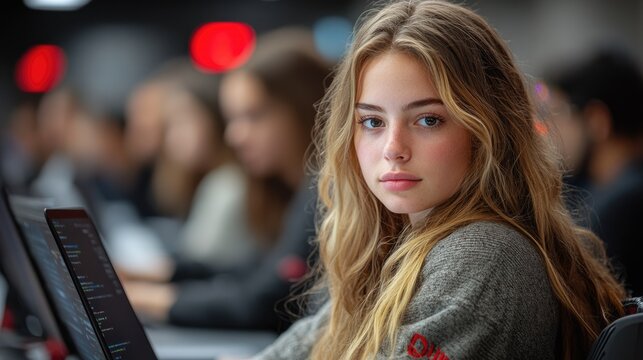 A young woman with long blonde hair stares intently at the camera in a room full of computers, with a red logo partially visible on her sweater