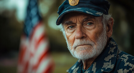 Elderly veteran stands proudly near American flag. An elderly veteran gazes thoughtfully while standing next to an American flag, showcasing his pride and dedication to service.