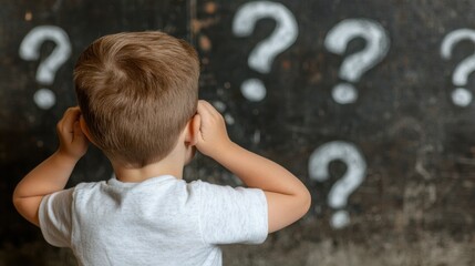 Fototapeta premium Nachdenkliches Kind vor der Tafel mit Fragezeichen - Konzept für Bildung und Neugier