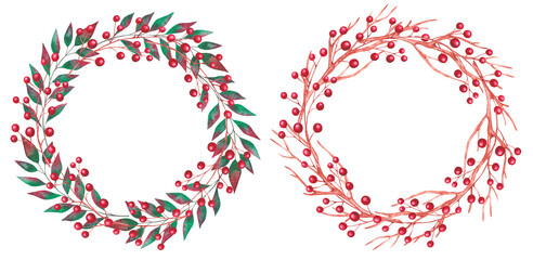 Set of Christmas watercolor hand-drawn wreath illustrations. Christmas wreaths made of watercolor branches of different winter plants. Decor for Christmas and New Year holiday decorations.