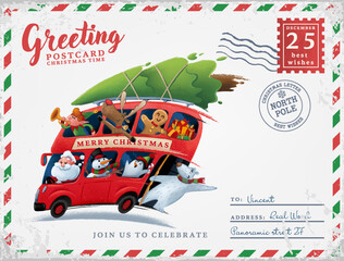 vintage christmas greeting card with illustration bus santa claus with gifts together with bear reindeer elf penguin cookie